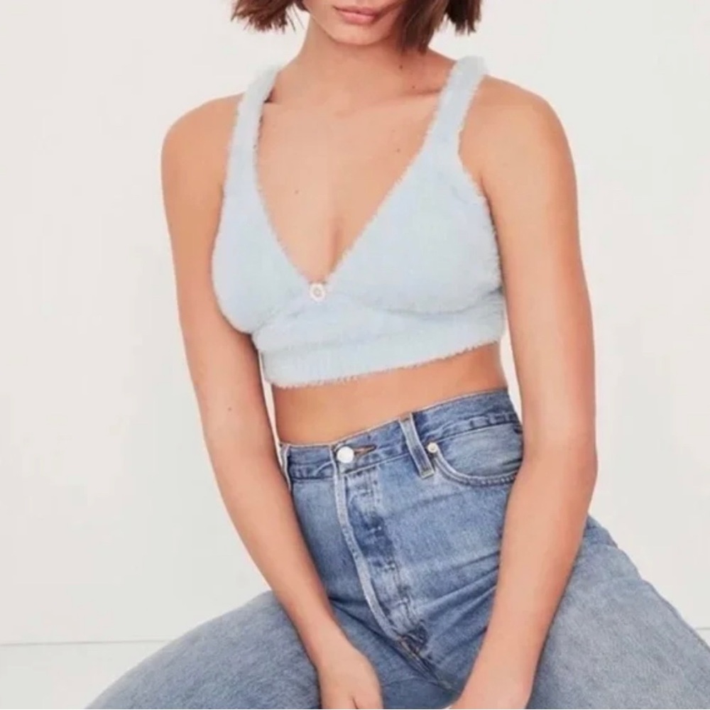 For Love and Lemons Devon Sleeveless Fuzzy Crop Top Large NEW NWT LIGHT BLUE - Picture 1 of 5